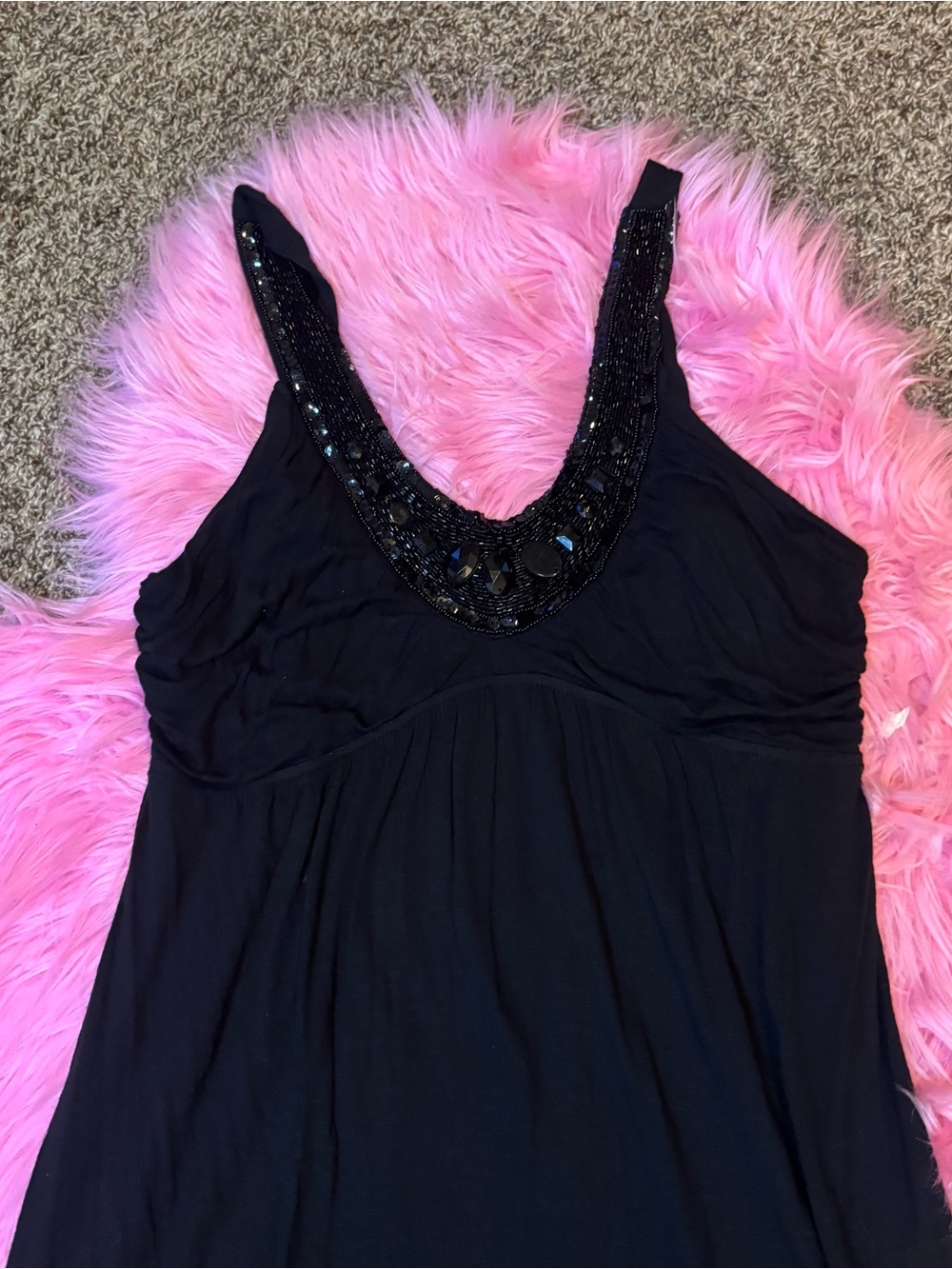 Vanity Black Beaded Embellished Dress Women’s Medium Y2K Empire Waist Rayon